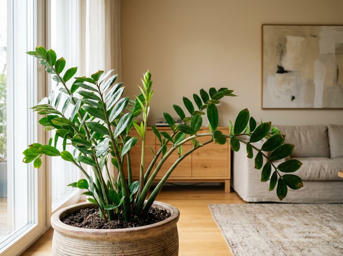 Große Glücksfeder Zamioculcas zamiifolia in einem hellen Wohnzimmer