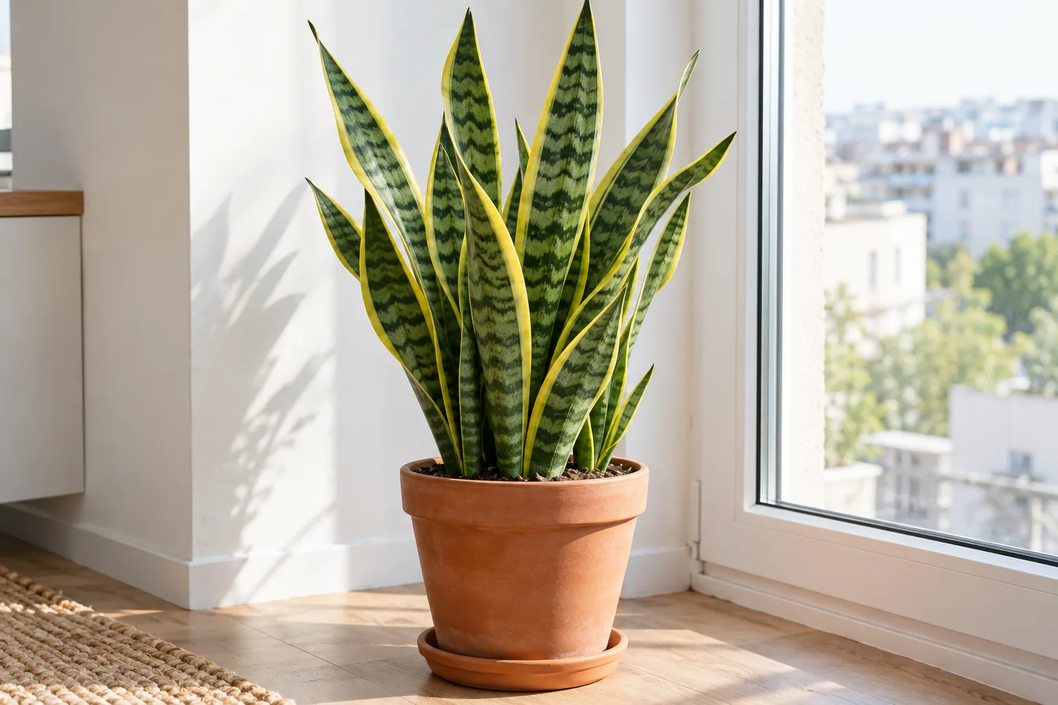 Bogenhanf Dracaena trifasciata 'Laurentii' mit aufrechten, grün gemusterten Blättern und gelben Blatträndern im Terrakottatopf