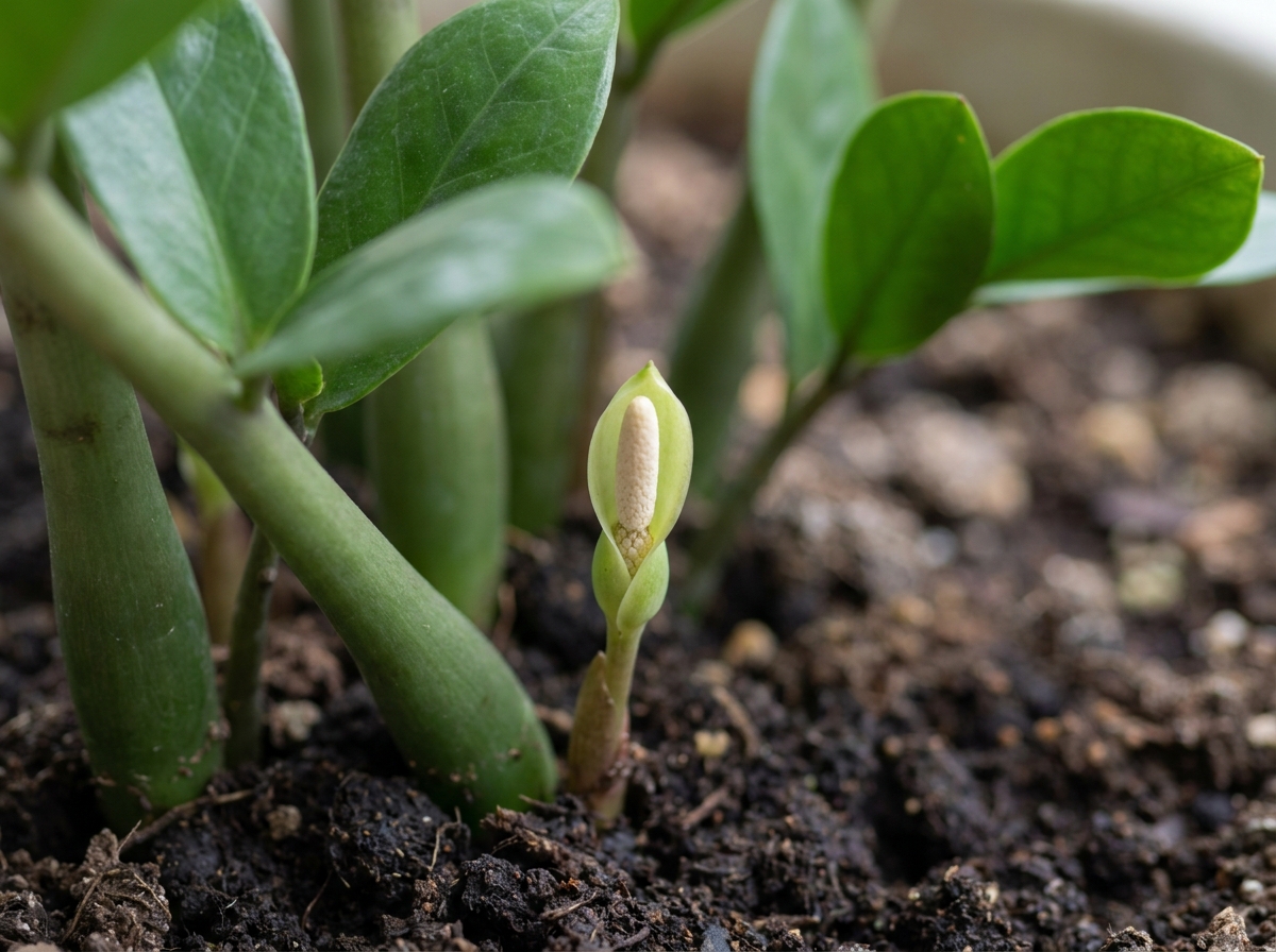 Unscheinbare Blüte einer Glücksfeder nahe der Erde
