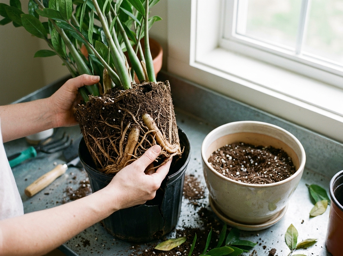Glücksfeder mit Rhizomen beim Umtopfen