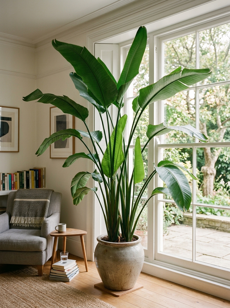 Strelitzia nicolai neben einem hellen Fenster
