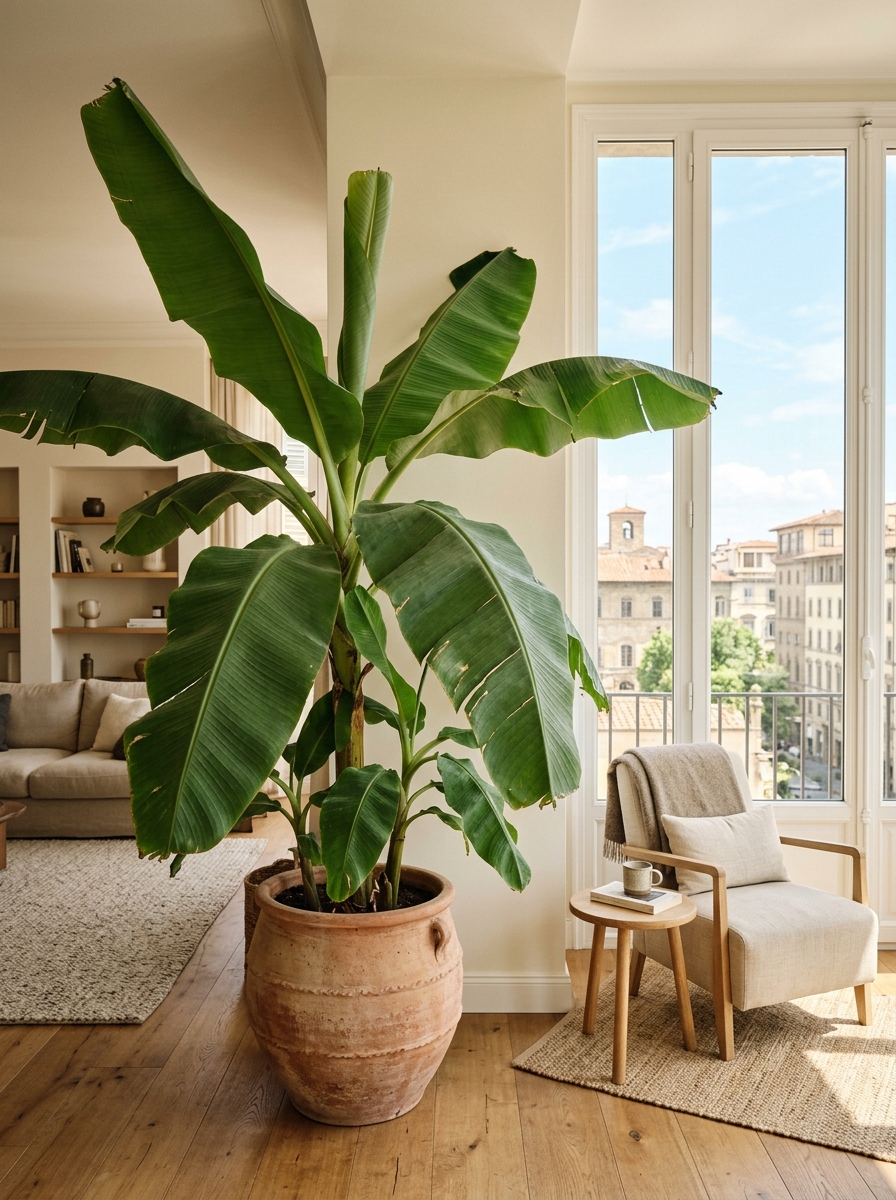 Große Bananenpflanze in einem hellen Wohnzimmer